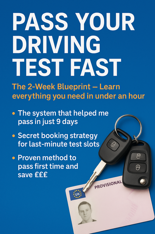 Pass Your Driving Test Fast – The 2-Week Blueprint (UK) Learn everything you need in under an hour. Pass first time, spend less.